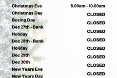 Christmas Eve Christmas Day Boxing Day Dec 27th - Bank Holiday Dec 28th - Bank Holiday Dec 29th Dec 30th New Years Eve New Years Day Jan 2nd Jan 3rd