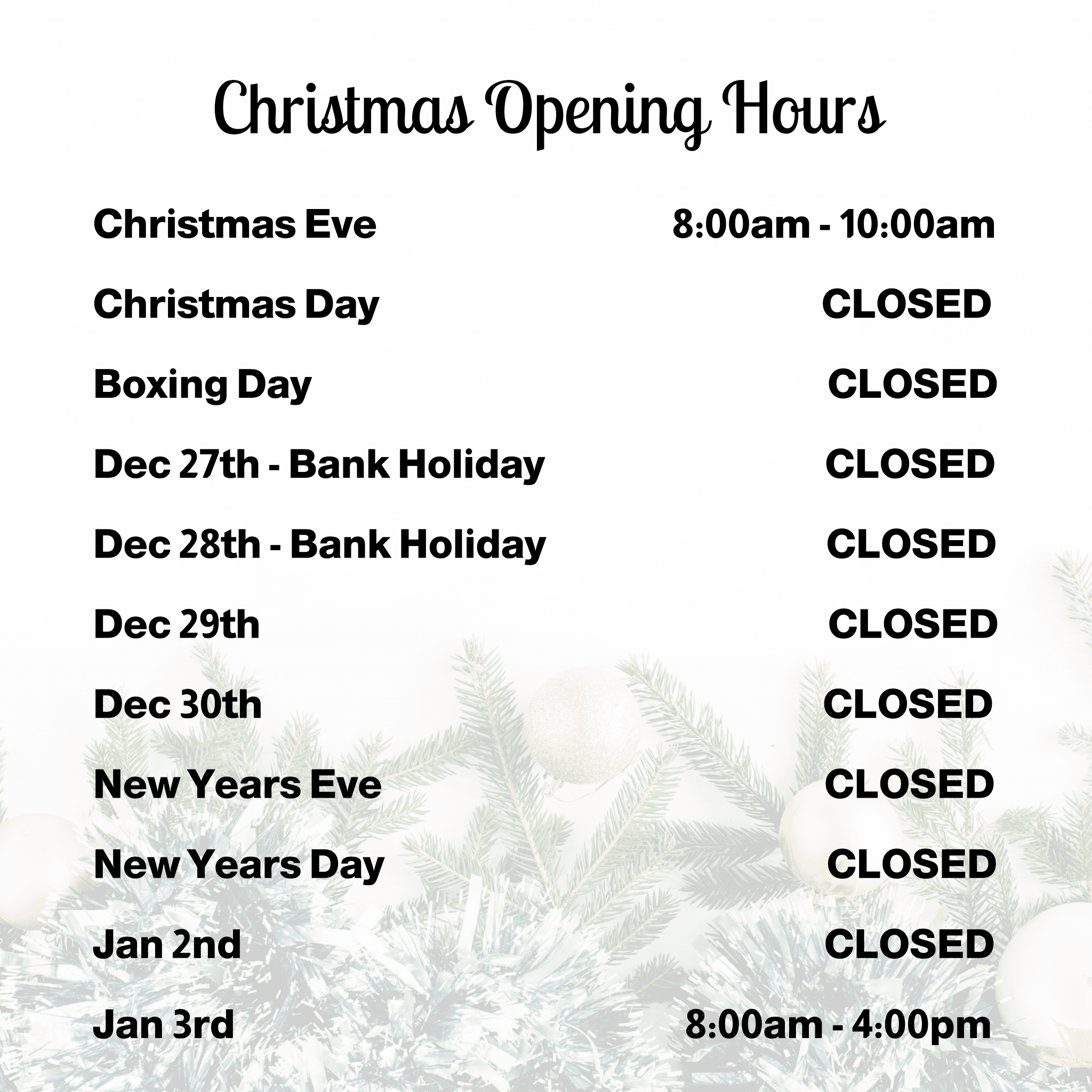 Christmas Eve Christmas Day Boxing Day Dec 27th - Bank Holiday Dec 28th - Bank Holiday Dec 29th Dec 30th New Years Eve New Years Day Jan 2nd Jan 3rd (4) Christmas Eve Christmas Day Boxing Day Dec 27th Bank Holiday Dec 28th Bank Holiday Dec 29th Dec 30th New Years Eve New Years Day Jan 2nd Jan 3rd 4 Wellers Auctions