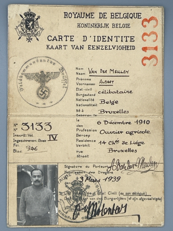 An original forged escape identity document belonging to Captain Rupert Barry (one of the longest serving POWs at Colditz) trying to pass himself off as a Belgian agricultural worker under the false name of Albert Van Der Meulen.